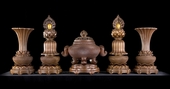 A set of large bronze “Five Offerings” (incense burner, two lamps and two vases)